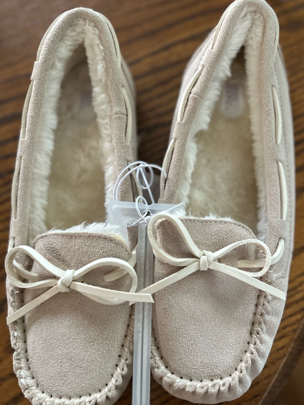stars above Taupe Suede-Look Moccasin Slippers with Bow
